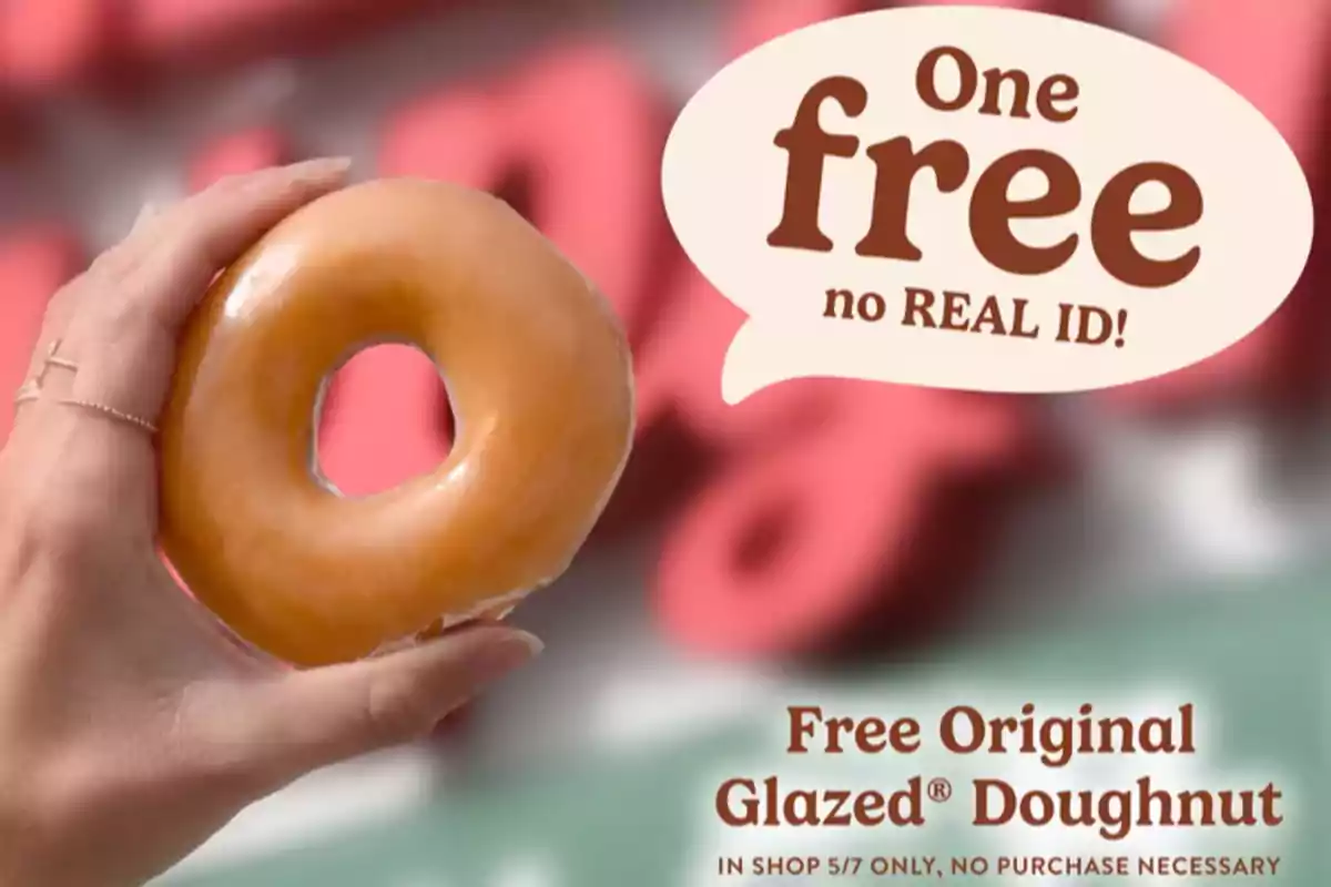 A hand holds a glazed donut with text offering a free donut without the need for real identification. A hand holds a glazed donut with text offering a free donut without the need for real identification.
