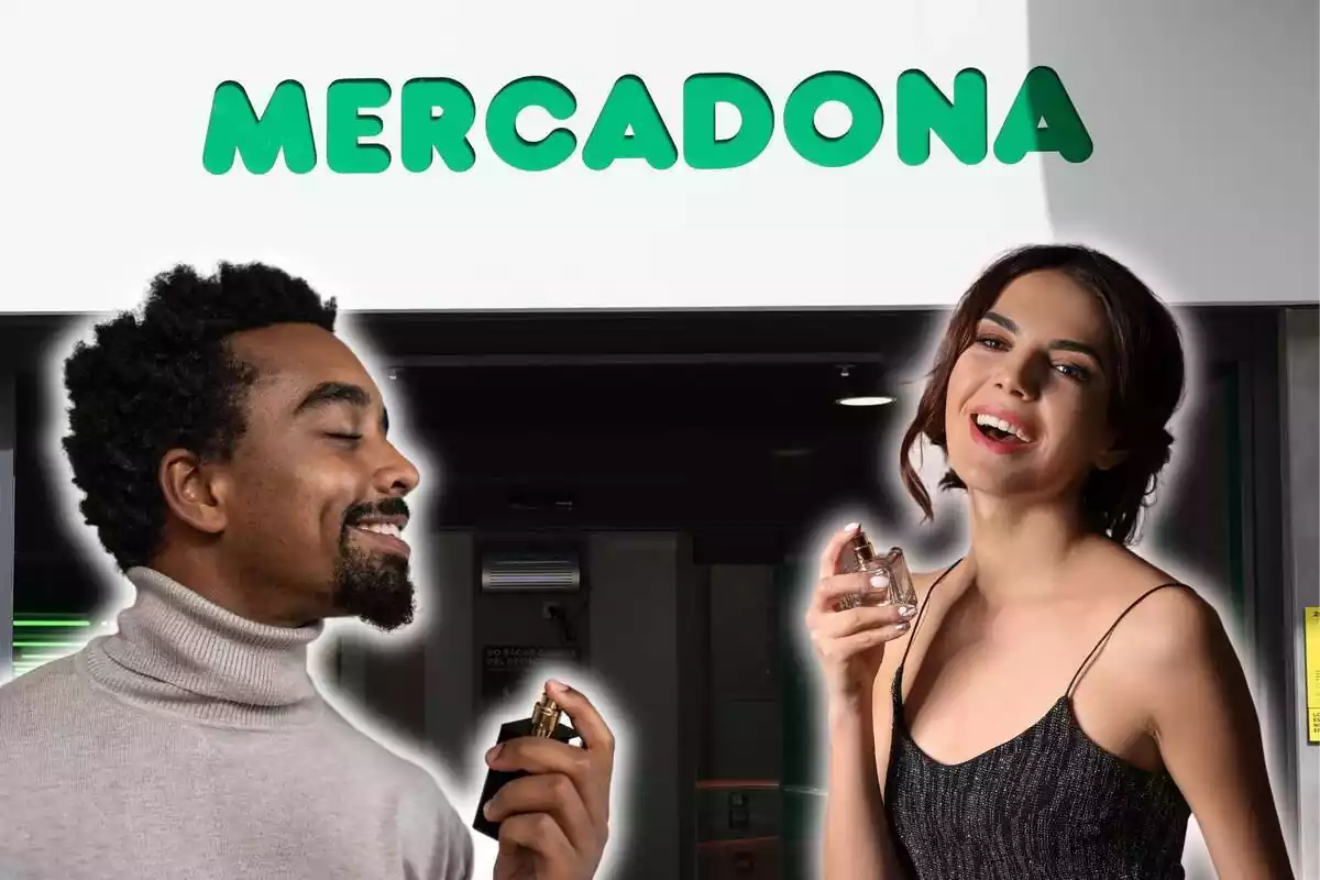 Hombre y mujer perfumándose y de fondo Mercadona Hombre y mujer perfumándose y de fondo Mercadona
