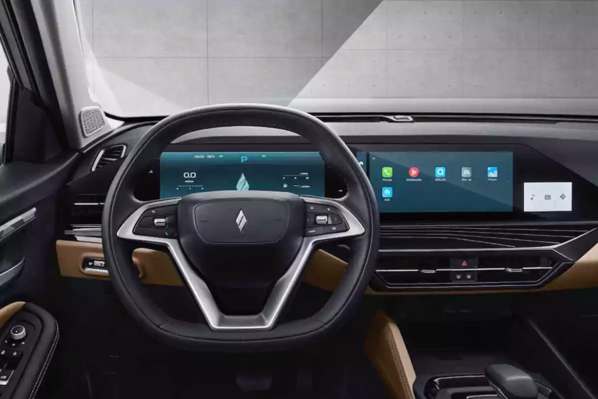 Volante y tablero digital de un Livan X6 Pro moderno con pantalla táctil y controles tecnológicos Volante y tablero digital de un Livan X6 Pro moderno con pantalla táctil y controles tecnológicos