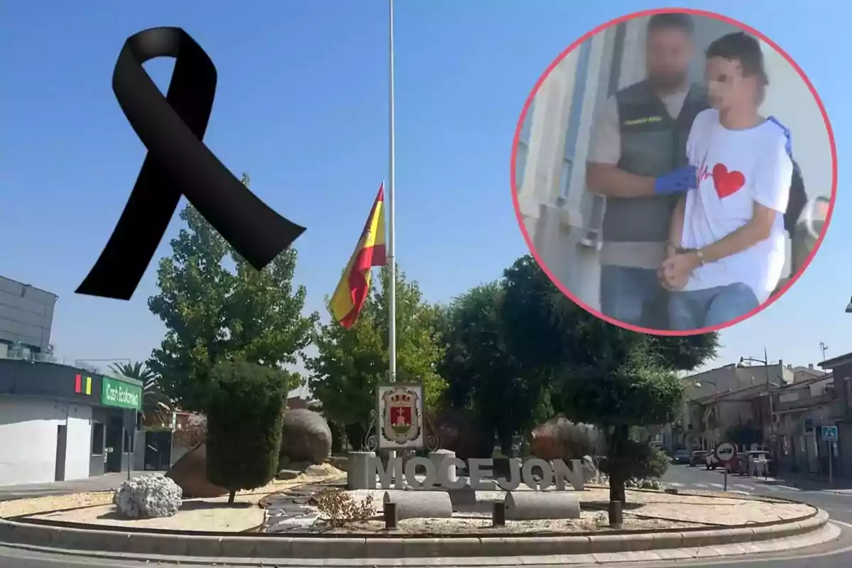 Una rotonda en Mocejón con un lazo negro y una bandera a media asta, junto a un recuadro de una persona siendo escoltada.