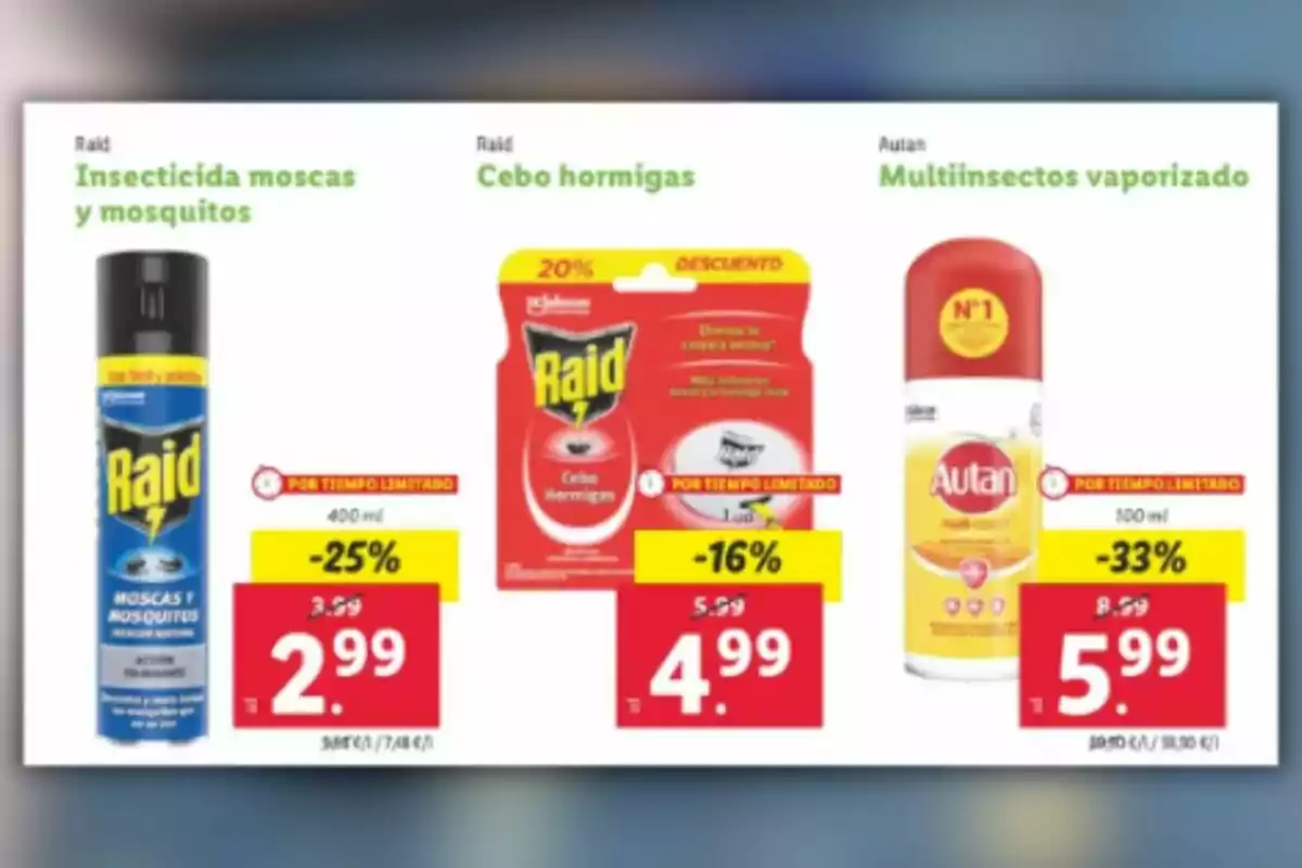 Promoción de productos insecticidas de la marca Raid y Autan con descuentos por tiempo limitado, incluyendo insecticida para moscas y mosquitos, cebo para hormigas y multiinsectos vaporizado. Promoción de productos insecticidas de la marca Raid y Autan con descuentos por tiempo limitado, incluyendo insecticida para moscas y mosquitos, cebo para hormigas y multiinsectos vaporizado.