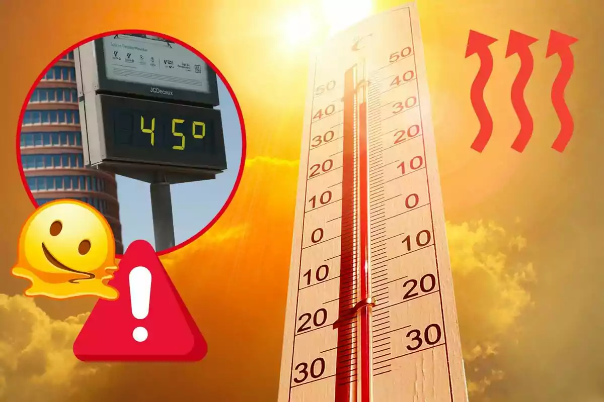 La imagen muestra un termómetro marcando una temperatura alta, con un fondo de cielo soleado y un símbolo de calor, junto a un letrero digital que indica 45 grados Celsius y un emoji derretido con un signo de advertencia.