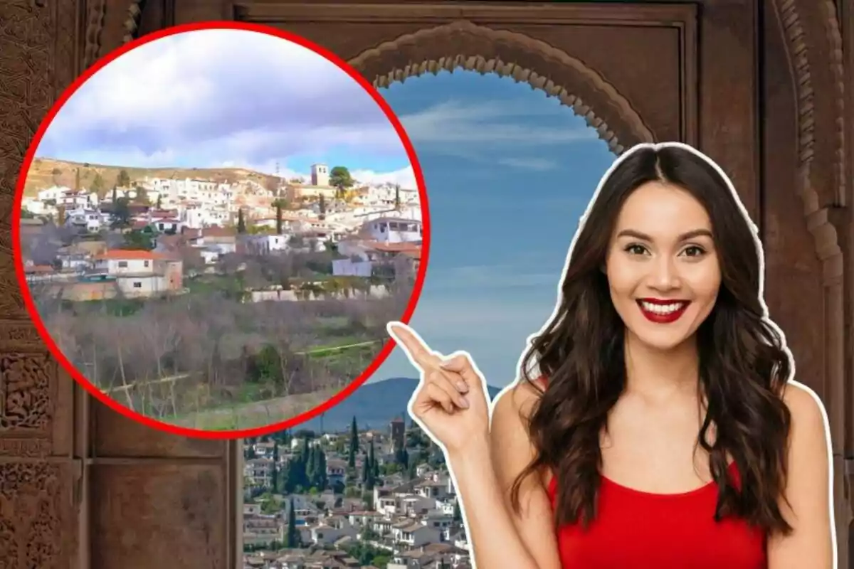 Una mujer sonriente con un vestido rojo señala una imagen circular de un pueblo en un paisaje montañoso.