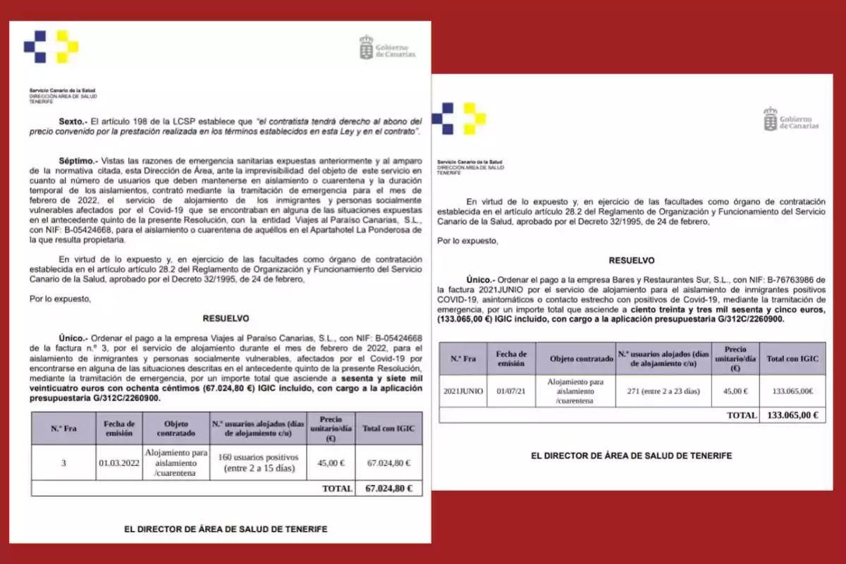 Documento del Servicio Canario de la Salud con resoluciones sobre pagos a empresas por servicios de alojamiento para aislamiento y cuarentena de inmigrantes y personas afectadas por COVID-19, incluyendo detalles como fechas de emisión, objeto contratado, número de usuarios alojados, precio unitario y total con IGIC. Documento del Servicio Canario de la Salud con resoluciones sobre pagos a empresas por servicios de alojamiento para aislamiento y cuarentena de inmigrantes y personas afectadas por COVID-19, incluyendo detalles como fechas de emisión, objeto contratado, número de usuarios alojados, precio unitario y total con IGIC.