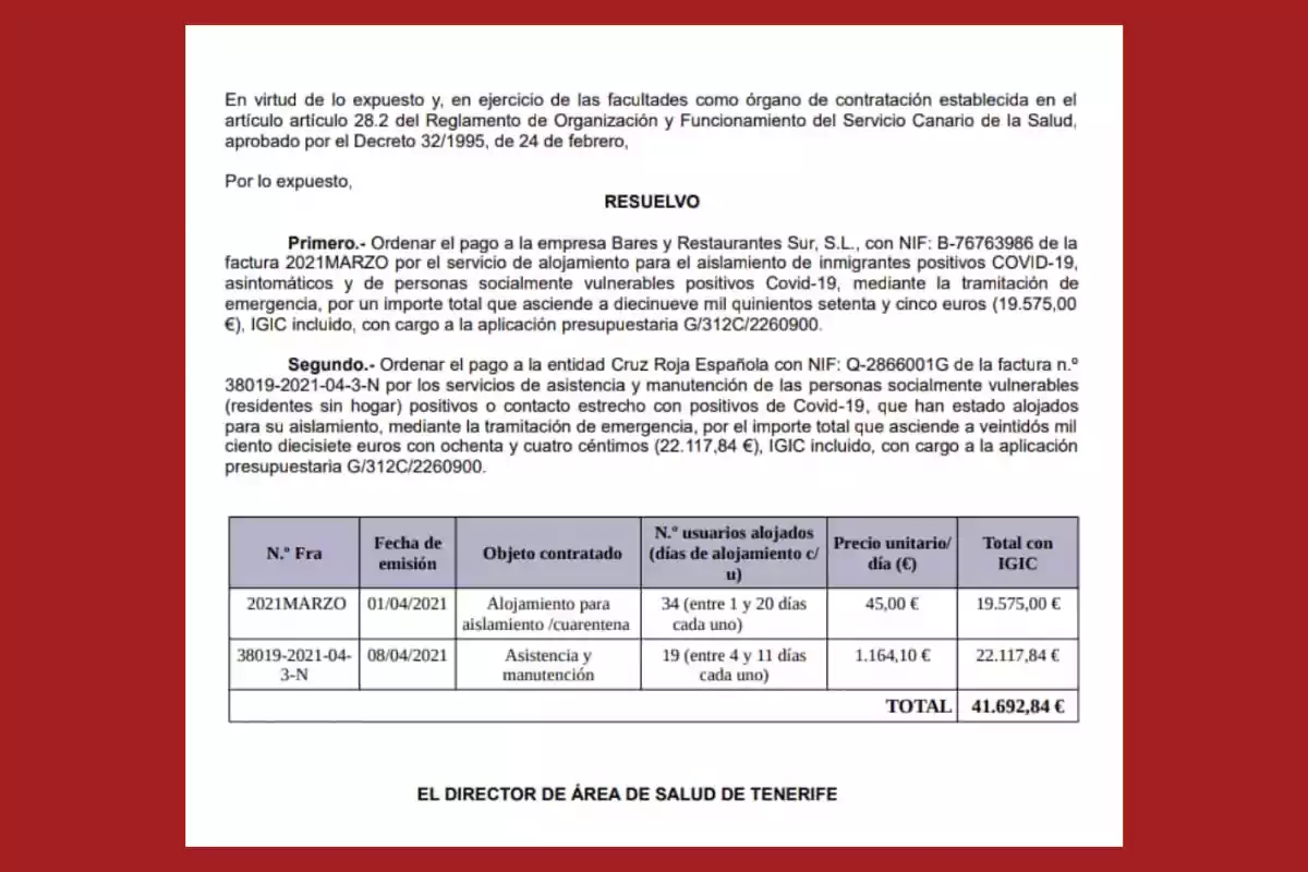 Documento oficial del Servicio Canario de la Salud que ordena pagos a empresas por servicios relacionados con el aislamiento de personas positivas en COVID-19, incluyendo detalles de facturación y montos totales. Documento oficial del Servicio Canario de la Salud que ordena pagos a empresas por servicios relacionados con el aislamiento de personas positivas en COVID-19, incluyendo detalles de facturación y montos totales.