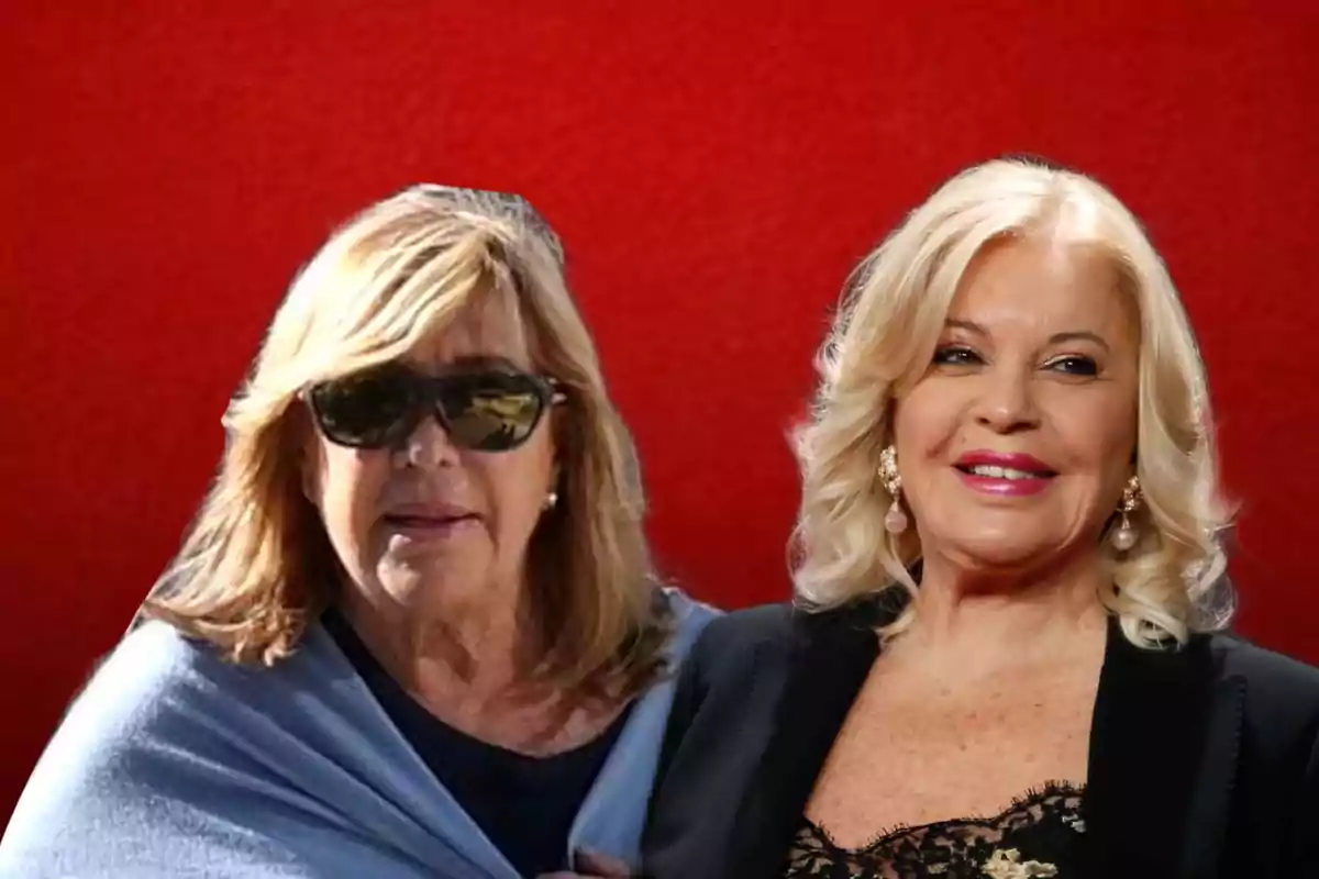 Dos mujeres rubias posan frente a un fondo rojo, una lleva gafas de sol y una manta azul, la otra viste elegante con pendientes y maquillaje