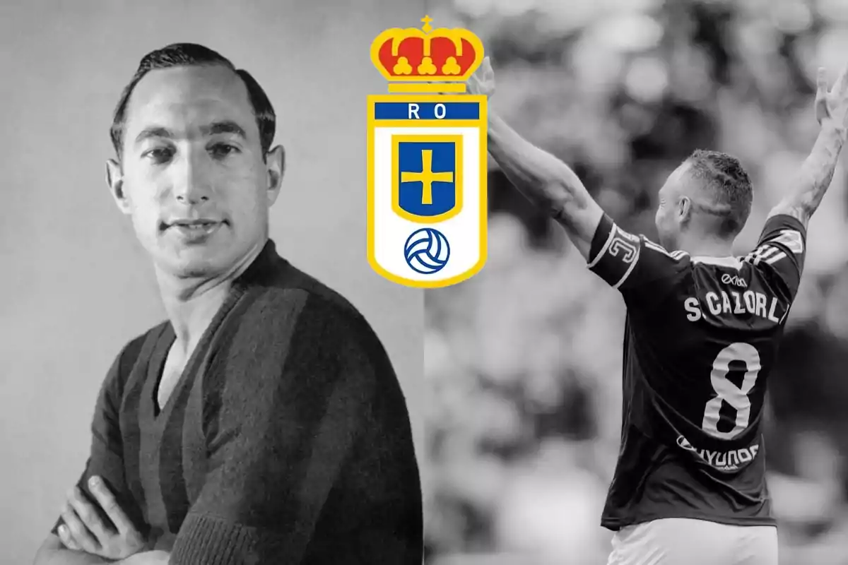 Dos imágenes en blanco y negro de futbolistas con el escudo del Real Oviedo en el centro.