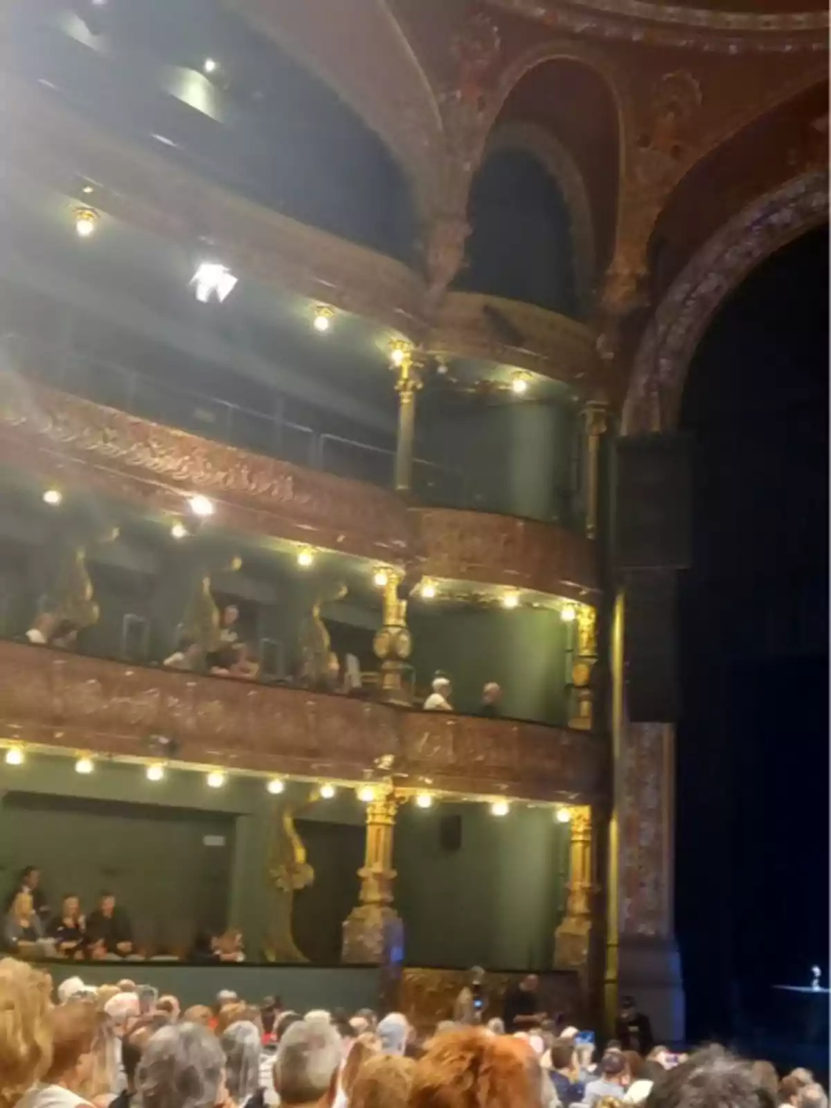 Una imagen de un teatro con varias personas sentadas en el público y en los palcos, con una decoración interior elaborada y luces encendidas.