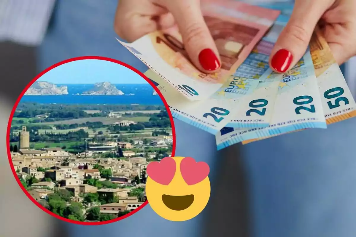 Mano sosteniendo billetes de euro con una imagen de un paisaje y un emoji de cara con corazones.