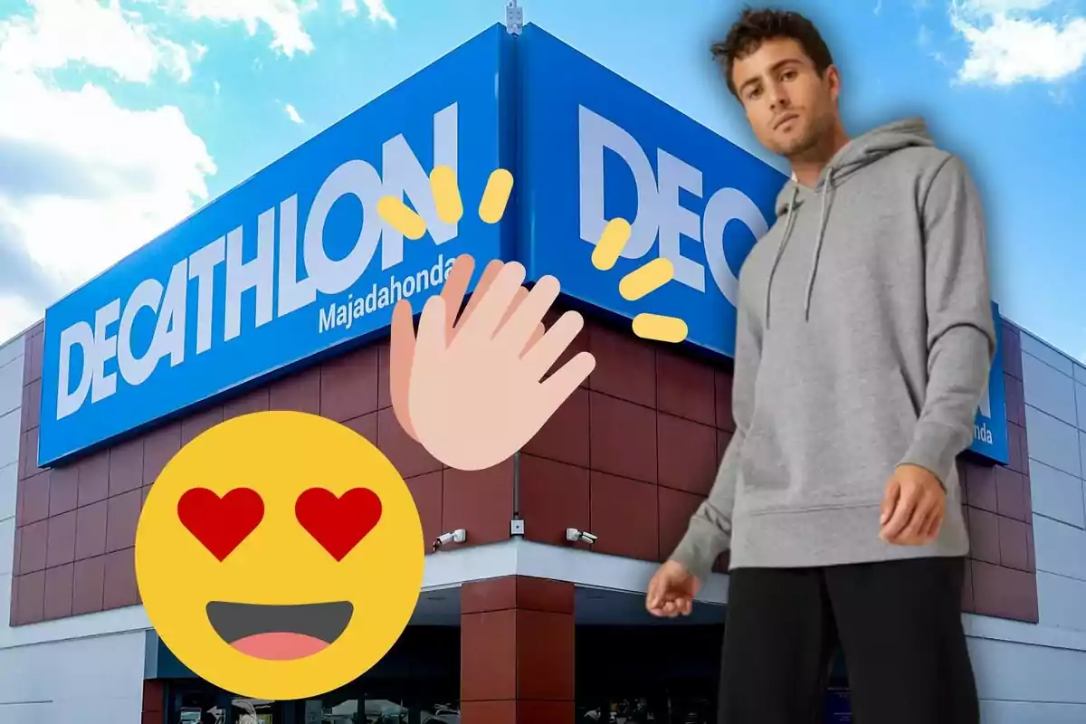 Un hombre con sudadera gris frente a una tienda de Decathlon con emojis de aplausos y cara enamorada.