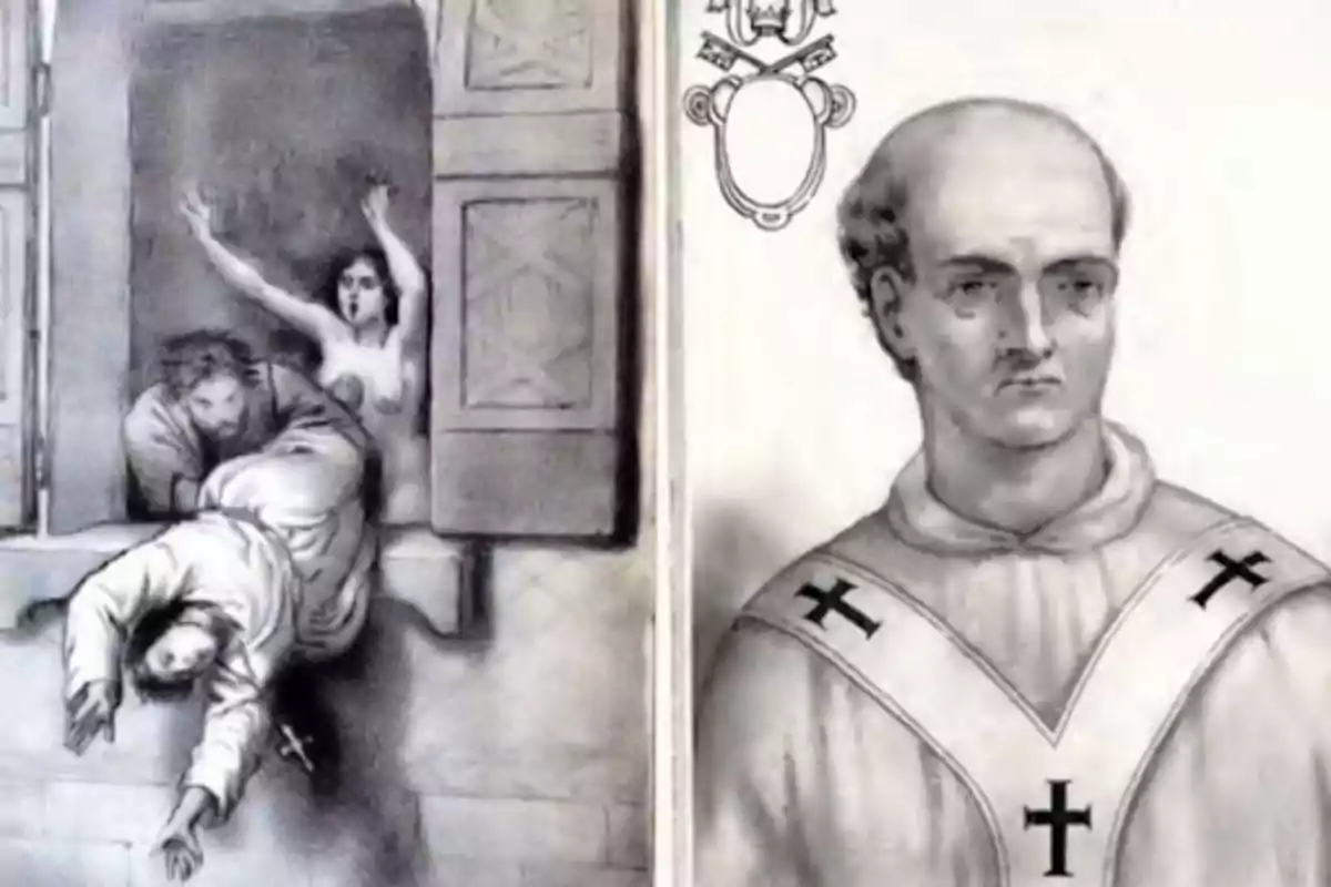 Una ilustración en blanco y negro muestra a una persona siendo empujada por una ventana mientras otra figura observa desde atrás con los brazos levantados; a la derecha, un retrato de un hombre con vestimenta religiosa y expresión seria.