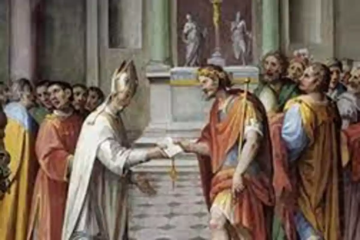 Una pintura que muestra a un obispo entregando un documento a un hombre con vestimenta romana rodeados de varias personas en un entorno arquitectónico clásico.