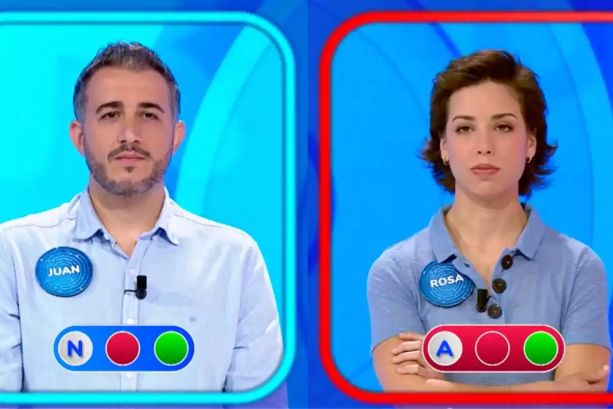 Juan y Rosa aparecen en pantalla dividida, ambos con camisetas azules y placas con sus nombres, uno con fondo azul y otro con fondo rojo, mostrando indicadores de respuestas correctas e incorrectas. Captura de 'Pasapalabra' Juan y Rosa aparecen en pantalla dividida, ambos con camisetas azules y placas con sus nombres, uno con fondo azul y otro con fondo rojo, mostrando indicadores de respuestas correctas e incorrectas. Captura de 'Pasapalabra'