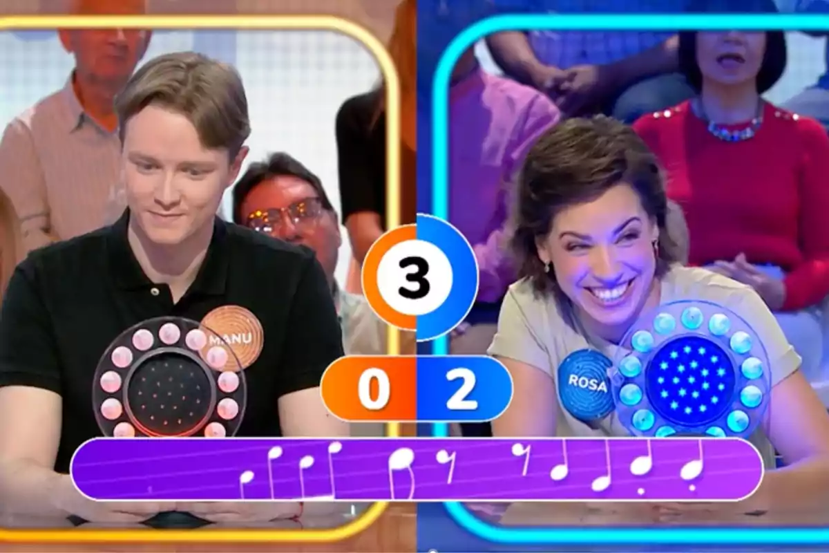 Manu y Rosa participan en un programa de televisión de preguntas y respuestas musicales, uno con marcador naranja y otro con marcador azul, mientras el marcador central muestra el número tres y ambos sostienen pulsadores circulares iluminados. Captura de 'Pasapalabra' Manu y Rosa participan en un programa de televisión de preguntas y respuestas musicales, uno con marcador naranja y otro con marcador azul, mientras el marcador central muestra el número tres y ambos sostienen pulsadores circulares iluminados. Captura de 'Pasapalabra'