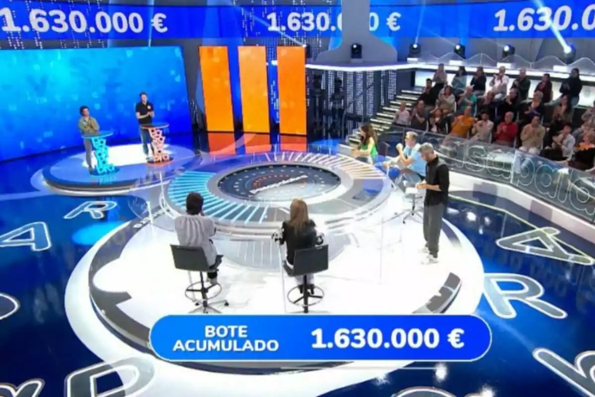Un plató de concurso televisivo con participantes y público, mostrando un bote acumulado de 1.630.000 euros en una pantalla. Captura de 'Pasapalabra' Un plató de concurso televisivo con participantes y público, mostrando un bote acumulado de 1.630.000 euros en una pantalla. Captura de 'Pasapalabra'