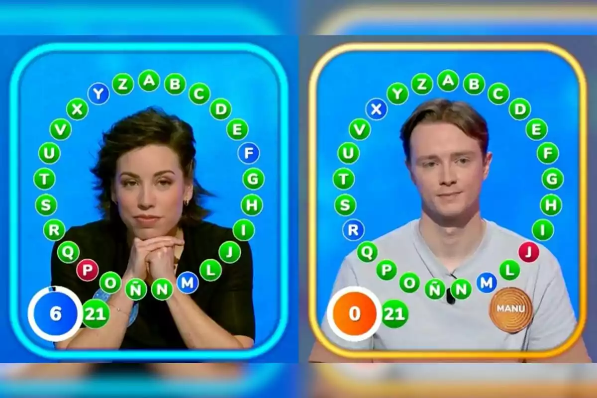 Rosa y Manu participan en la prueba final de un concurso de televisión, cada uno con un círculo de letras alrededor y un marcador de aciertos y tiempo restante. Captura de 'Pasapalabra' Rosa y Manu participan en la prueba final de un concurso de televisión, cada uno con un círculo de letras alrededor y un marcador de aciertos y tiempo restante. Captura de 'Pasapalabra'