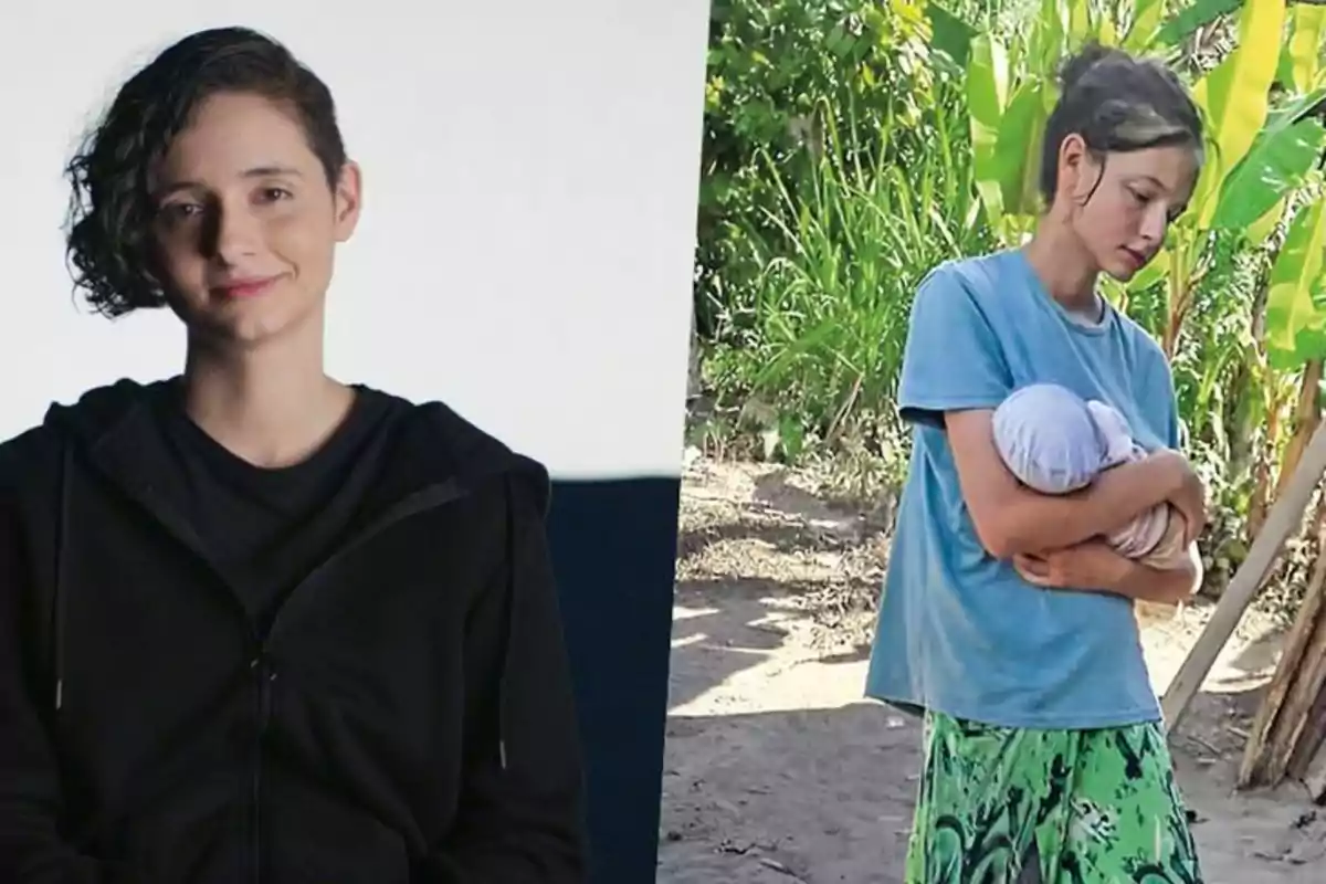 Una persona con cabello corto y oscuro, vestida con una sudadera negra, sonríe a la cámara en la imagen de la izquierda, mientras que en la imagen de la derecha, la misma persona, con el cabello recogido y vestida con una camiseta azul y pantalones verdes, sostiene a un bebé en un entorno al aire libre con vegetación.