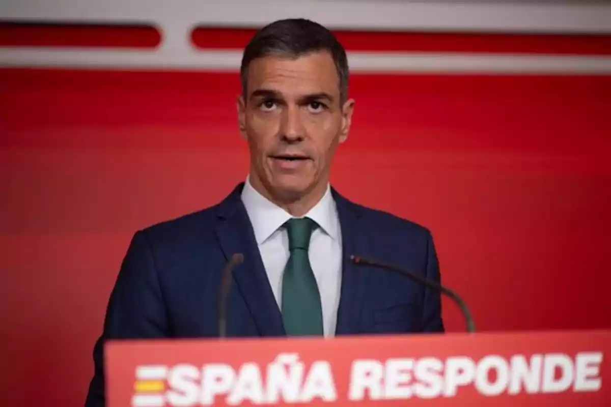 Hombre de traje azul y corbata verde hablando en un atril rojo con el texto España responde sobre fondo rojo Hombre de traje azul y corbata verde hablando en un atril rojo con el texto España responde sobre fondo rojo