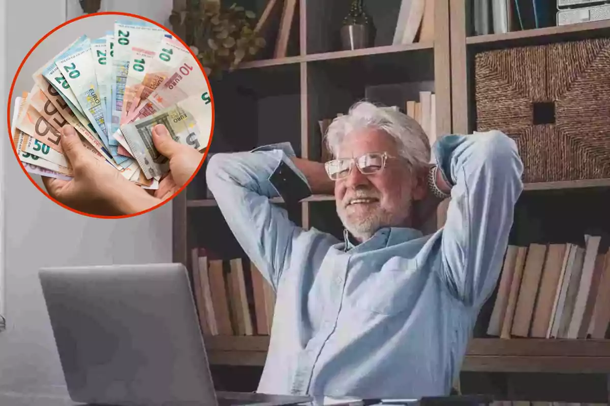 Hombre mayor sonriendo y relajado frente a una computadora portátil con una imagen superpuesta de manos sosteniendo billetes de euro.