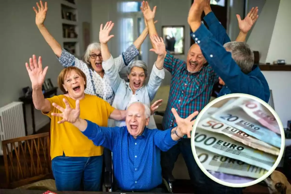 Un grupo de personas mayores celebra con entusiasmo mientras levantan los brazos, con una imagen superpuesta de billetes de euro.