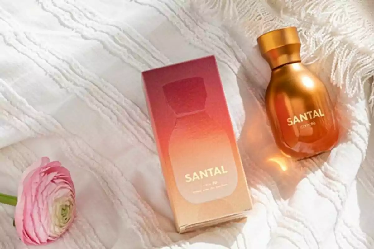 Una botella de perfume dorada junto a su caja sobre una tela blanca con una flor rosa al lado. Una botella de perfume dorada junto a su caja sobre una tela blanca con una flor rosa al lado.