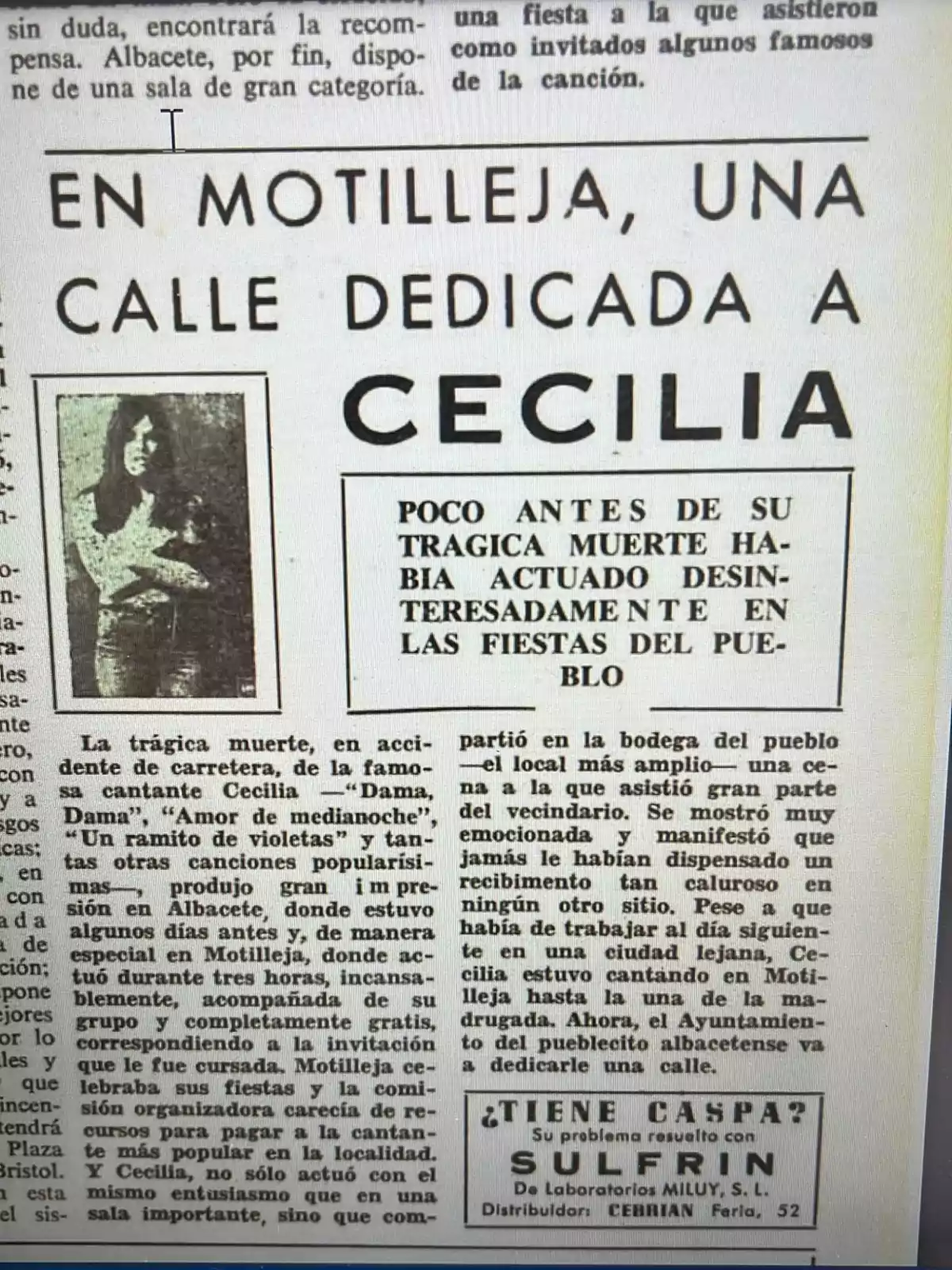 Artículo de periódico sobre la dedicación de una calle a la cantante Cecilia en Motilleja, destacando su actuación desinteresada en las fiestas del pueblo poco antes de su trágica muerte en un accidente de carretera.