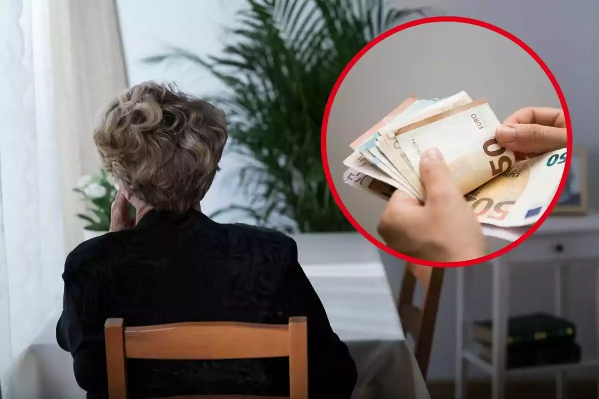 Una mujer mayor sentada de espaldas en una mesa, con una imagen superpuesta de manos contando billetes de euro.