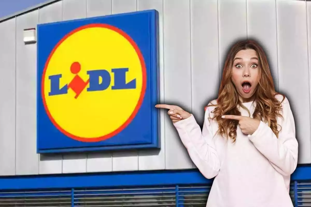 Mujer sorprendida señalando a Lidl