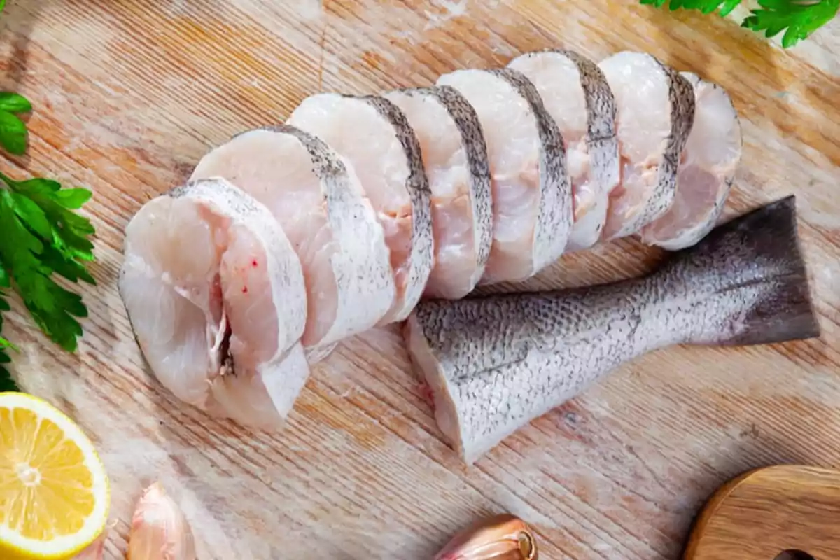 Rodajas de pescado crudo sobre una tabla de madera con limón y perejil alrededor.