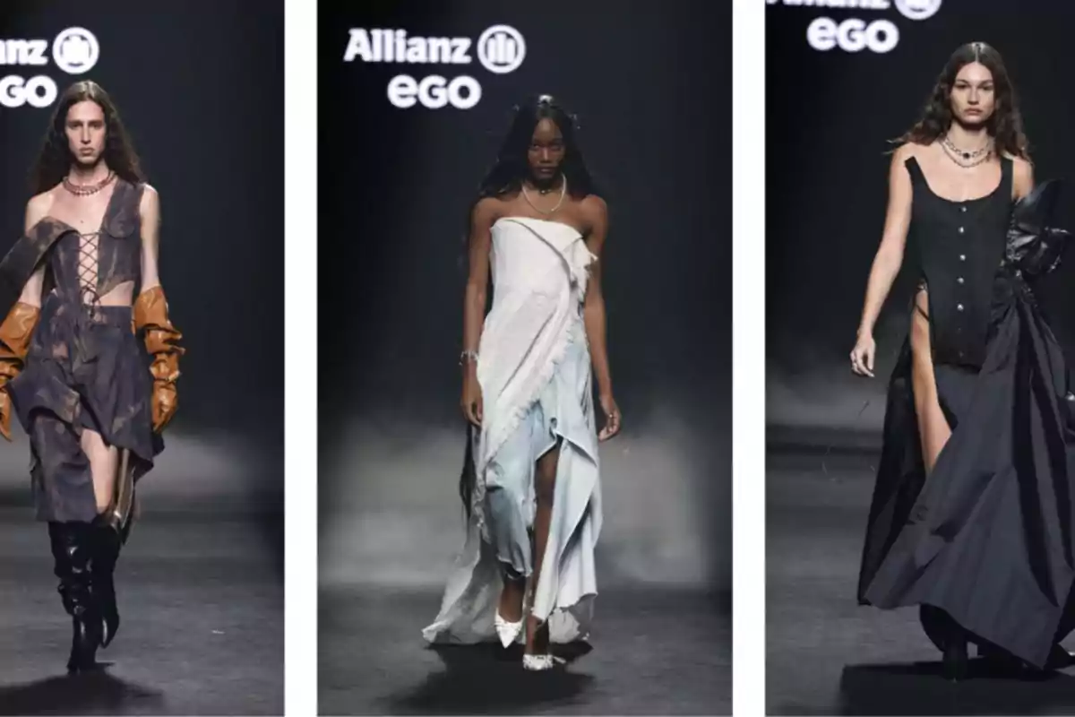 Tres modelos desfilando en la pasarela de Allianz EGO, cada una con un atuendo diferente y moderno.