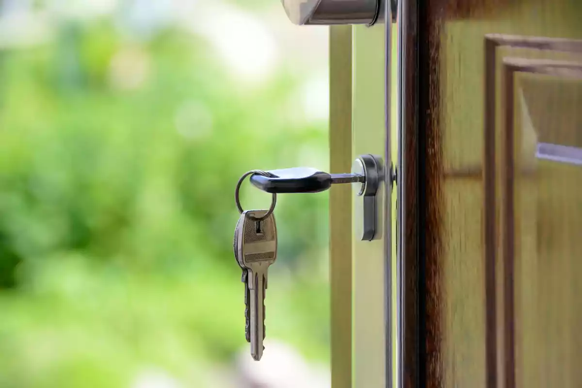 Llave insertada en una cerradura de puerta con un fondo verde difuminado.