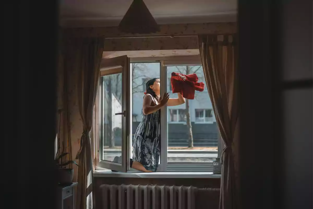 Una persona limpiando una ventana desde el interior de una habitación iluminada por la luz del día.