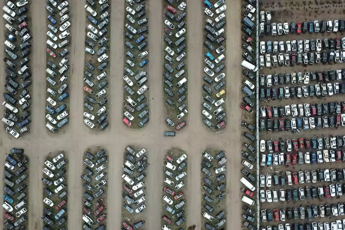 Vista aérea de un lote con filas de autos estacionados en diferentes direcciones sobre caminos de tierra