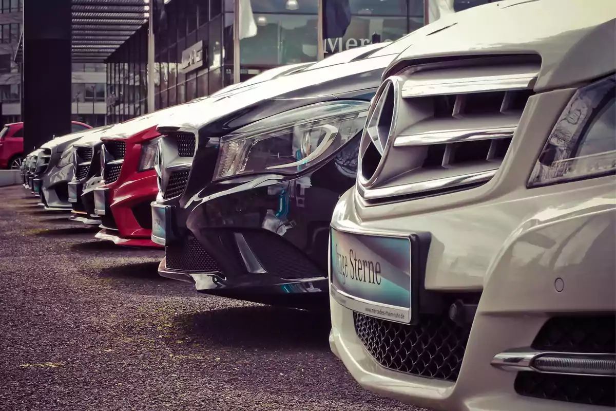 Fila de autos de lujo estacionados en un concesionario.