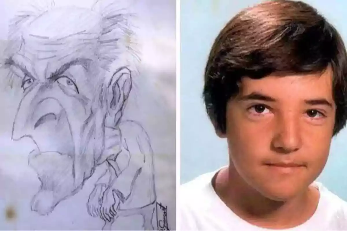 Un dibujo a lápiz de un hombre mayor con rasgos exagerados junto a una foto de un niño con cabello oscuro y expresión seria.