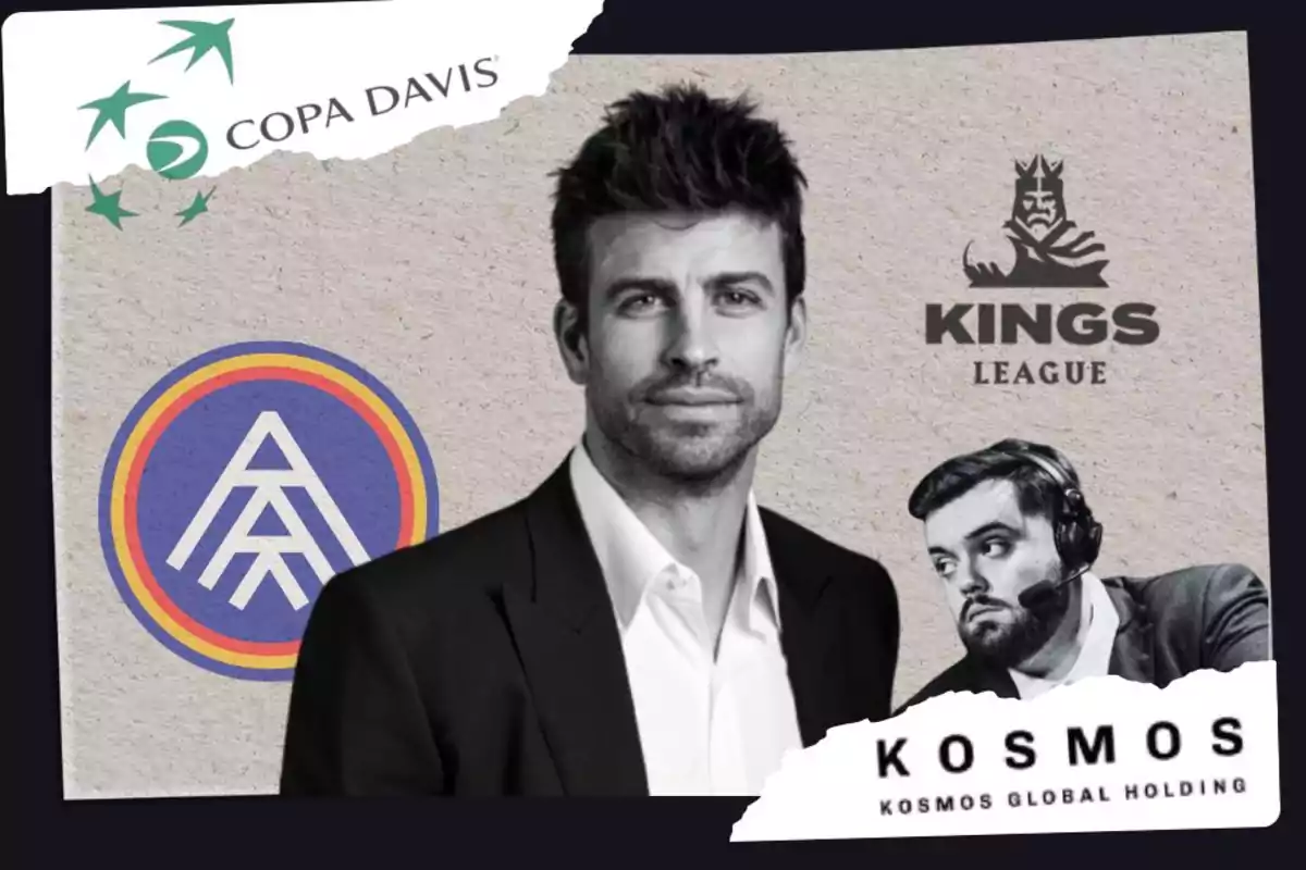 Imagen con logotipos de la Copa Davis, Kings League y Kosmos Global Holding, junto a dos hombres en traje.