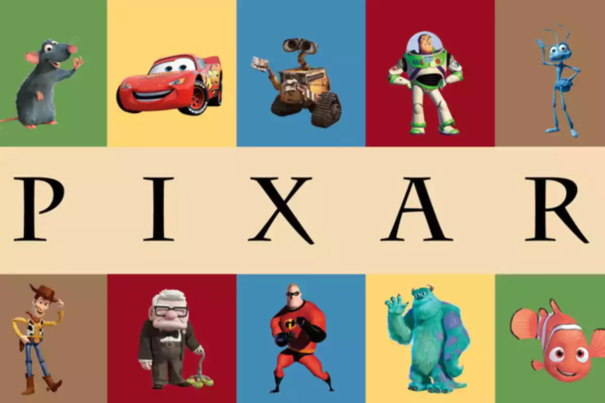 Imagen de algunos de los personajes de Pixar con el logo de la compañía.