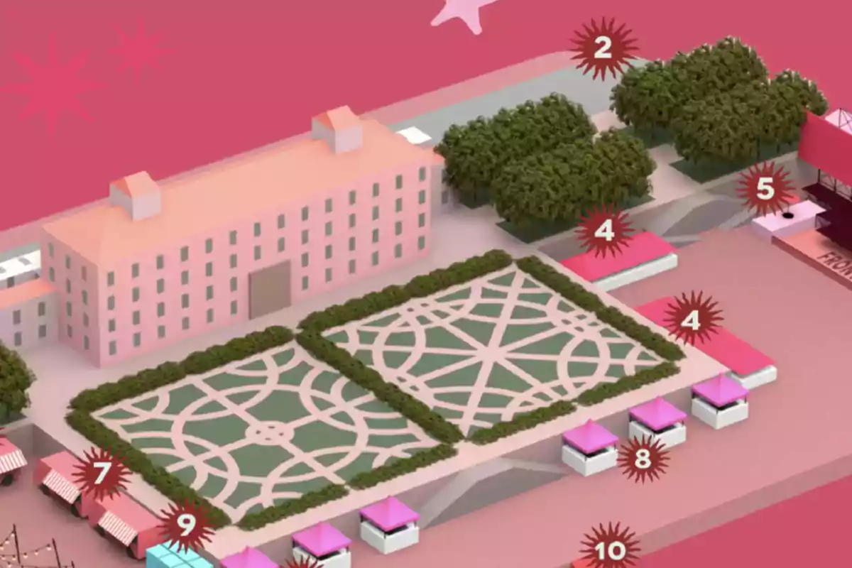 Ilustración de un edificio grande con jardines geométricos, árboles y varias estructuras numeradas en un entorno de colores rosados.