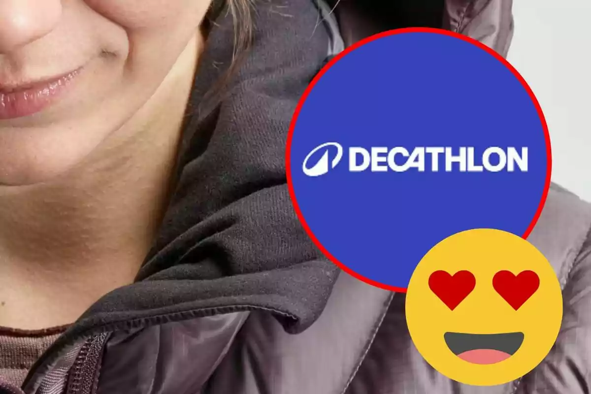 Una persona con una chaqueta oscura y un logo de Decathlon superpuesto junto a un emoji de cara sonriente con ojos de corazón.