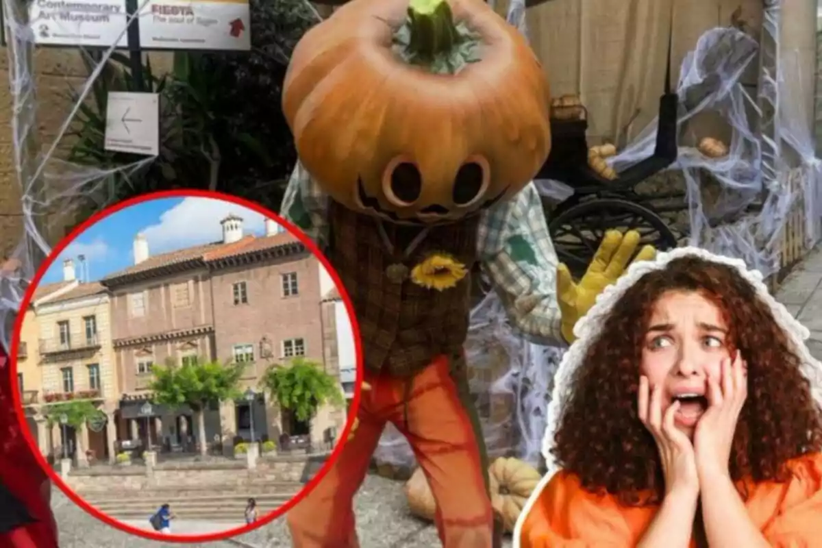 Una persona disfrazada con una cabeza de calabaza y un atuendo de espantapájaros está en un entorno decorado con telarañas y calabazas, mientras una mujer con expresión de sorpresa o miedo aparece en la esquina inferior derecha; en un círculo rojo se muestra una imagen de un edificio de estilo clásico.