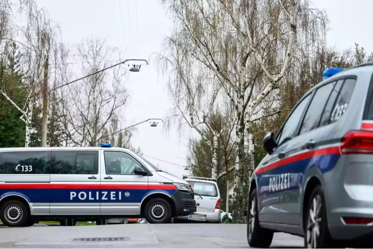 Dos vehículos de la policía austriaca estacionados en una calle rodeada de árboles sin hojas Dos vehículos de la policía austriaca estacionados en una calle rodeada de árboles sin hojas