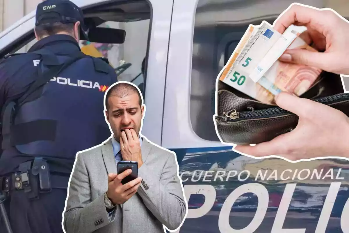 Imagen de fondo de agentes de la Policía Nacional junto a una imagen de un hombre con gesto de susto y unas manos sosteniendo un monedero con billetes de euros