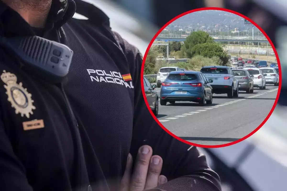 Imagen de fondo de un agente de Policía y otra de varios coches circulando por una carretera