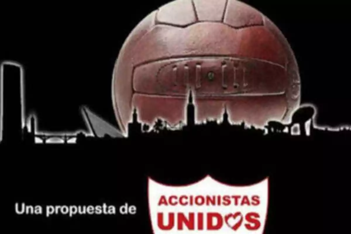 Imagen de un balón de fútbol antiguo sobre un fondo negro con la silueta de una ciudad y el texto "Una propuesta de Accionistas Unidos".