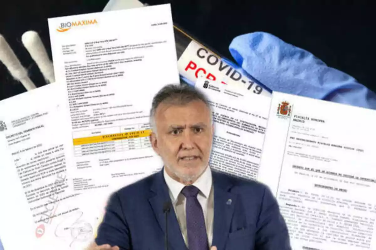Un hombre de traje y corbata aparece en primer plano, mientras que en el fondo se observan documentos oficiales y un tubo de ensayo etiquetado como "COVID-19 PCR".
