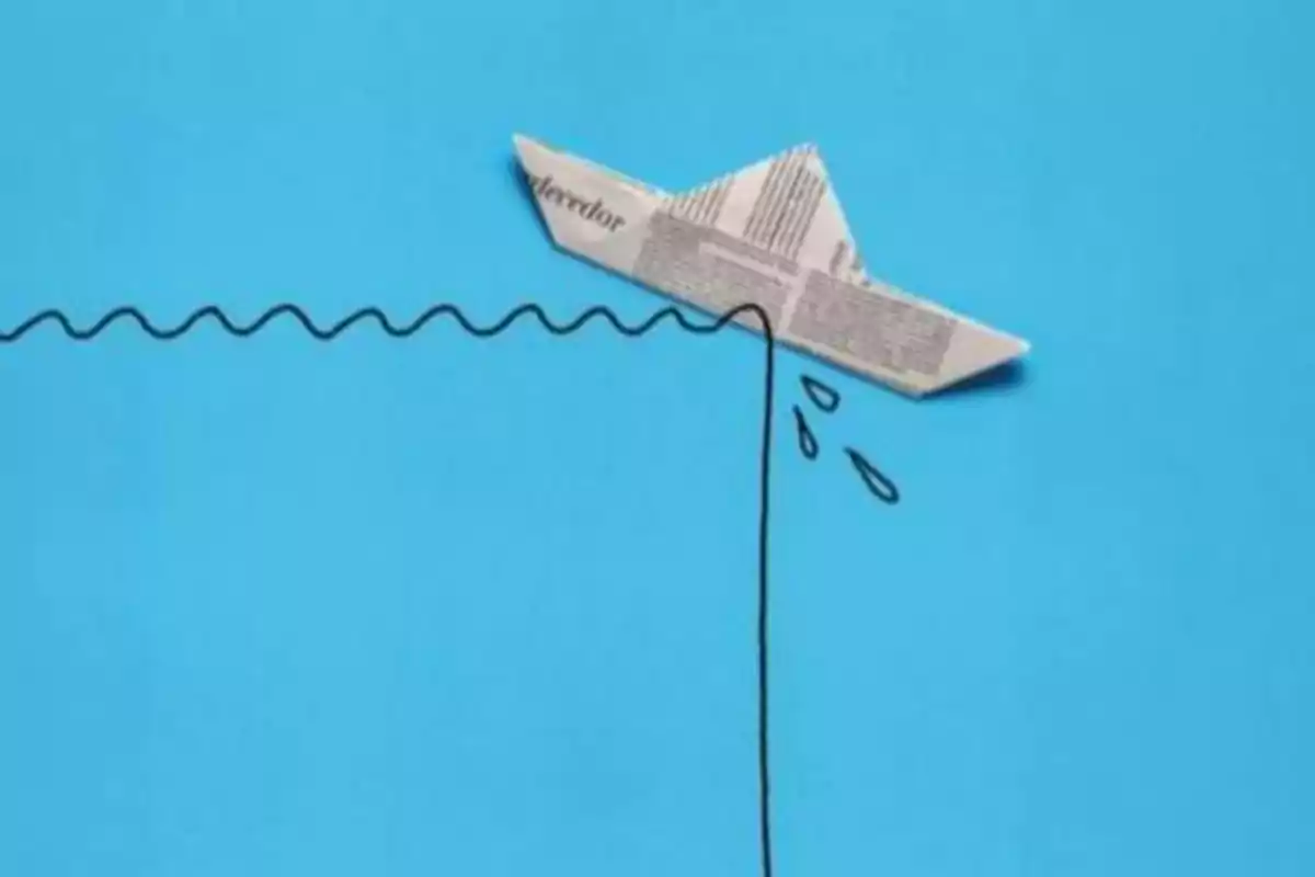 Un barco de papel hecho con periódico navega en una línea de agua dibujada sobre un fondo azul.