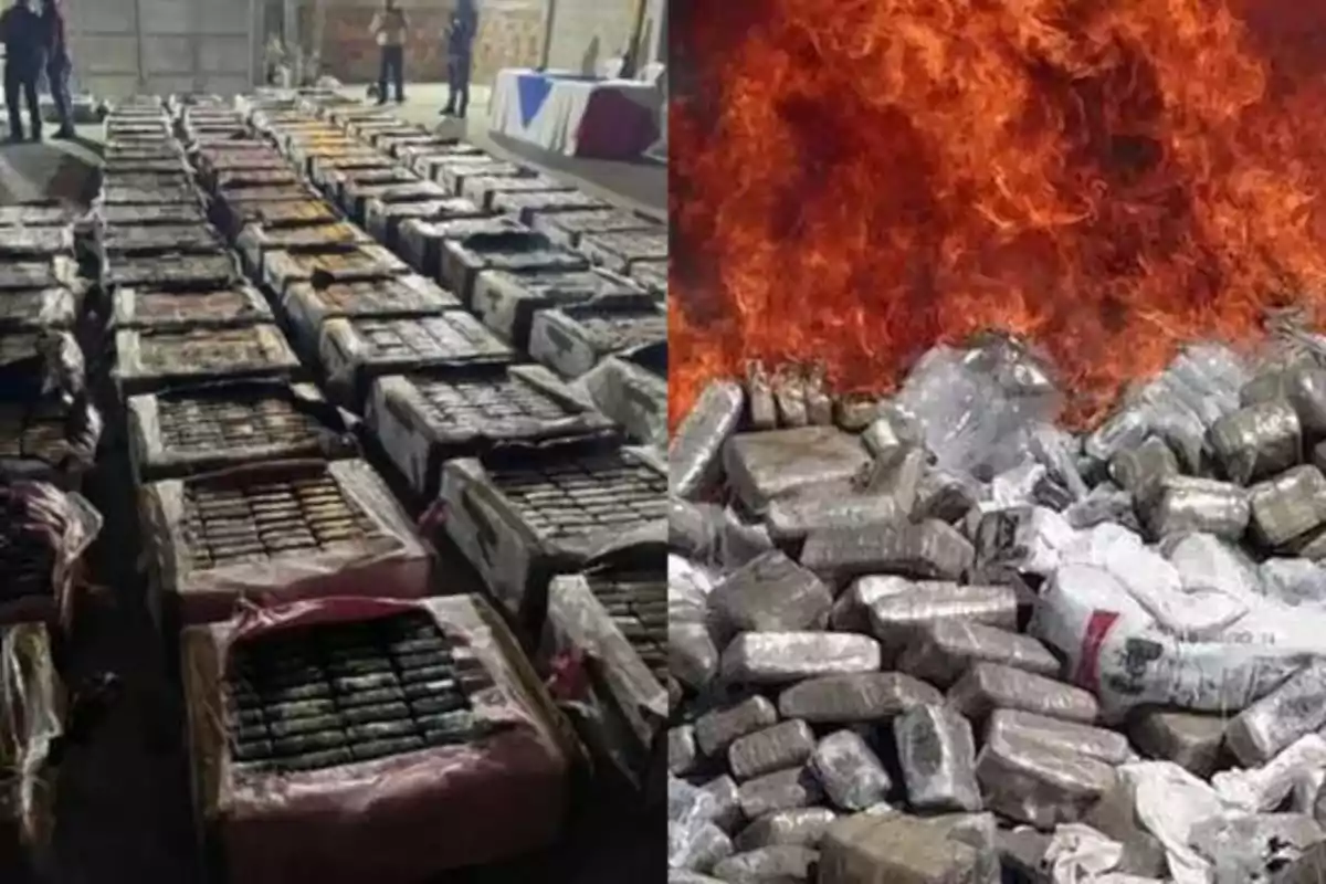 Imagen que muestra una gran cantidad de paquetes apilados en un almacén y una pila de paquetes similares siendo incinerados.