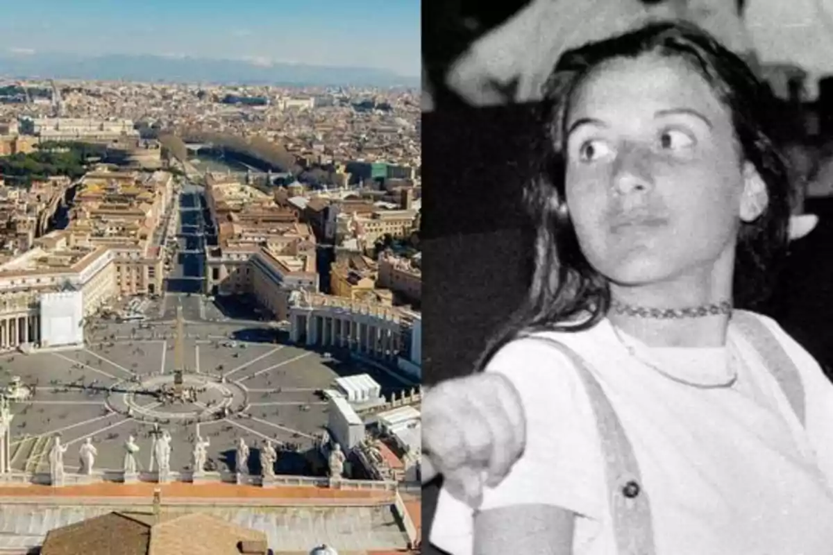 Vista aérea de la Plaza de San Pedro en el Vaticano junto a una fotografía en blanco y negro de una joven mirando hacia la derecha.