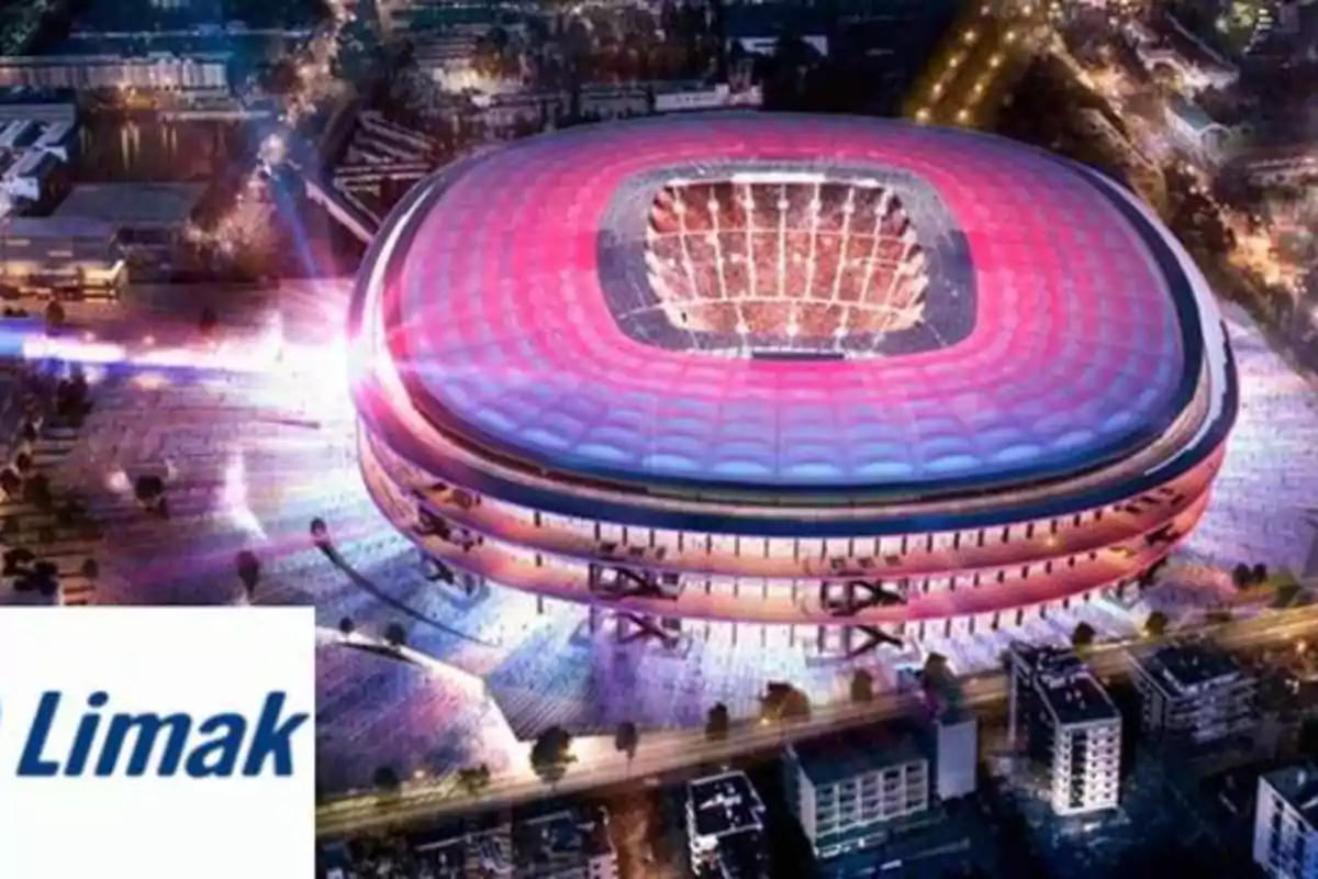 Imagen aérea de un estadio iluminado en tonos rosados y morados con el logotipo de Limak en la esquina inferior izquierda.
