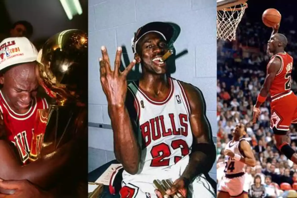 Tres imágenes de un jugador de baloncesto de los Chicago Bulls: en la primera, abrazando un trofeo; en la segunda, con un puro en la boca y mostrando tres dedos; en la tercera, realizando una clavada durante un partido.